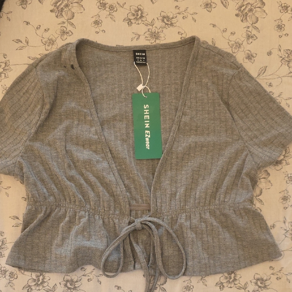 SHEIN Gray Ribbed Crop Blouse with Tie Front